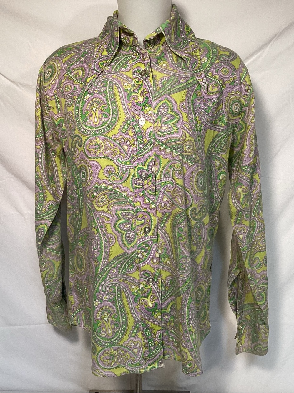 Vintage 70s Disco Era Women’s Paisley Button-Down Shirt in Lime & Lavender
